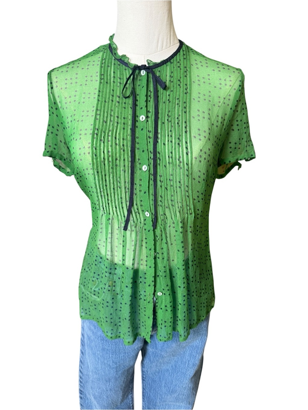 Anthropologie Green Sheer Pintuck Blouse with Black Ribbon - Picture 2 of 6